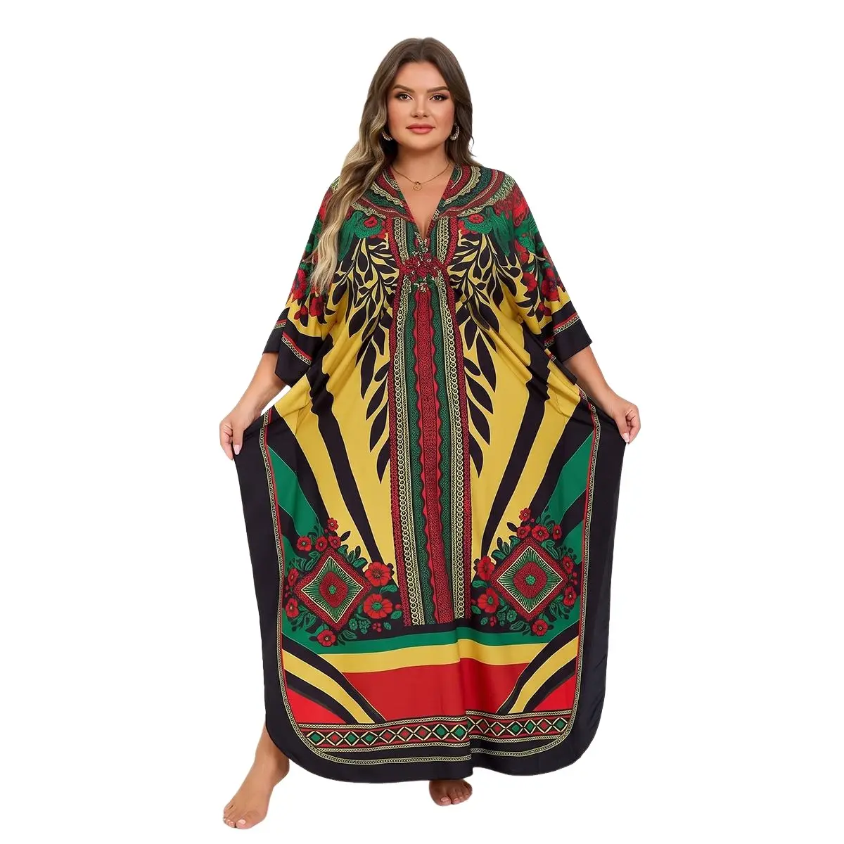 Women's Plus Size Kaftan Dress, Boho Casual V-Neck Long Sleeve Beach Cover Up, Flowy Summer Moomoo with Side Split, Polyester, Hand Wash, Plus Size Dresses, Hand Wash Only Casual Dresses Women swear Batwing