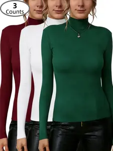 3 Counts Women's Turtleneck Long Sleeve Tops, Minimalist Style Soft Breathable Casual Shirts, Solid Color Basic Essential Top, Cozy Relaxed Loungewear Fit, Suitable for Daily Wear & Office Commute & Weekend