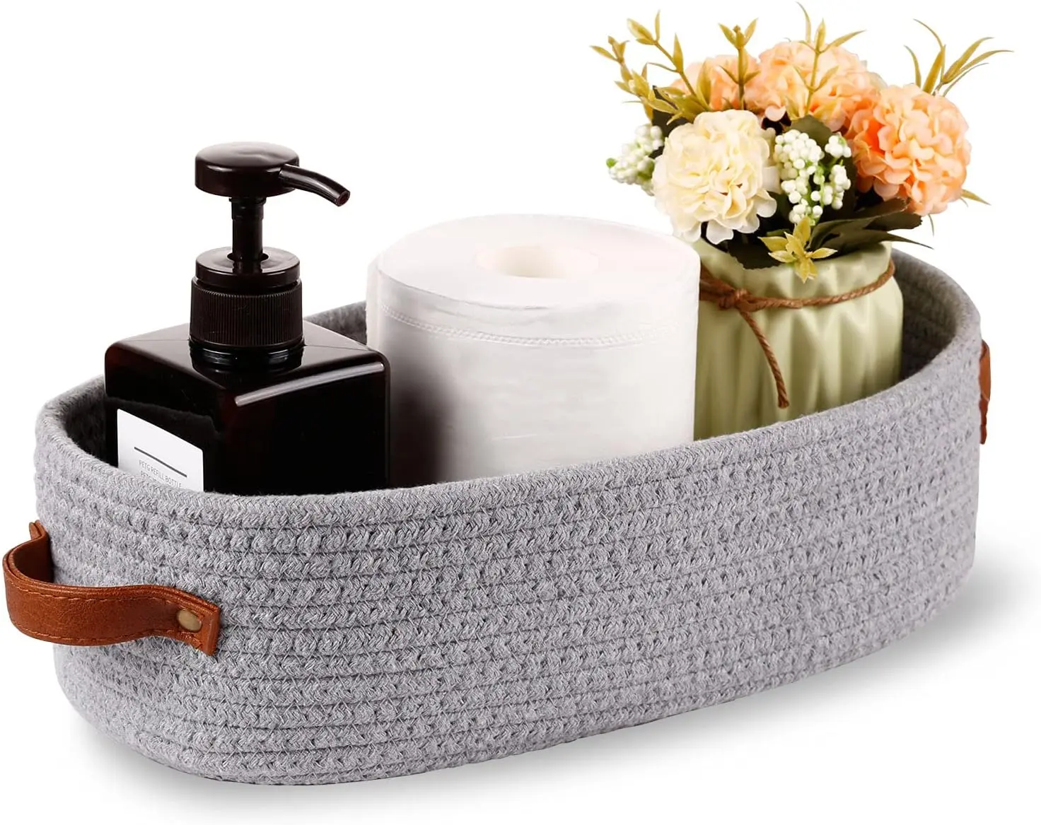 Cotton Rope Woven Small Storage Basket with Handles - Bathroom Toilet Paper Organiser, 13"x5.9"x4" Gray Home Decor Room Organizer