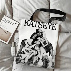 Kpop K-Katseye Female Group Storage Bags Canvas Double-Sided Print Tote Bag Large Capacity Shoulder Students Festive Fashion Eco Outdoor Picnic Travel High Quality Shopping Handbag Machine Washable Foldable Reusable