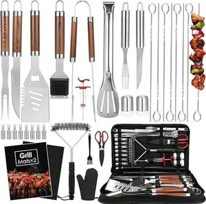 BBQ Grilling Accessories Set,Heavy Duty Grill Tools for Outdoor Camping, Grilling Gifts for Men Dad, Stainless Steel Barbecue Utensils Kit with Mats and Glove in Carrying Bag, Brown