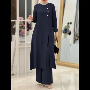 Two-Piece Set Women's Solid Color Button Split Hem Longline Blouse & Elastic Waist Pants, Casual Bishop Sleeve Keyhole Neck Top & Wide Leg Trousers for Fall & Winter, Women's Clothes for Daily Wear Womenswear Blue