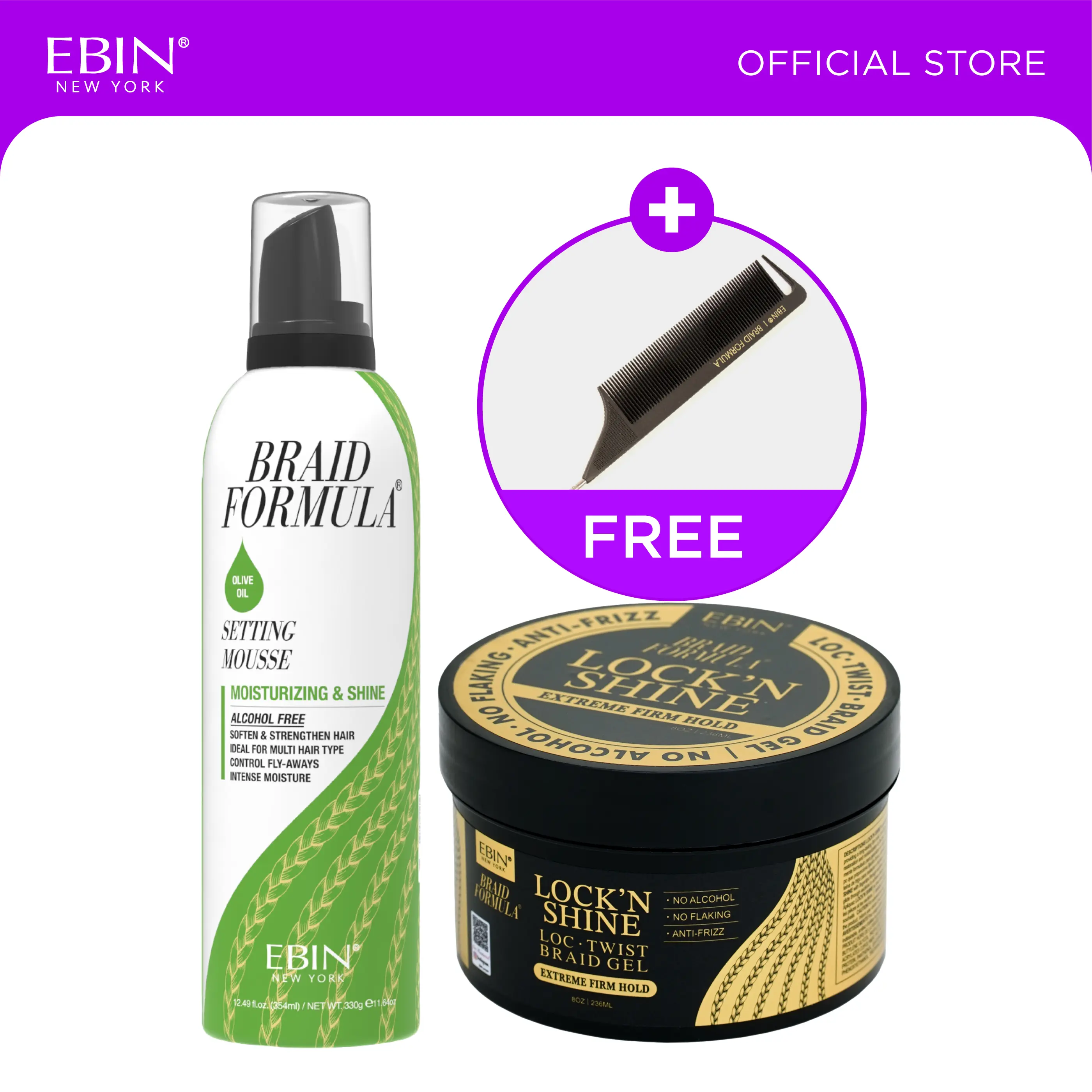 EBIN Braid Formula Lock’n Shine + Setting Mousse Olive Oil Bundle with FREE Pintail Parting Carbon Comb | Braiding Gel & Mousse for Braids, Twists & Locs, Long-Lasting Hold, Frizz Control, Moisture Retention, Smooth Finish & Brilliant Shine
