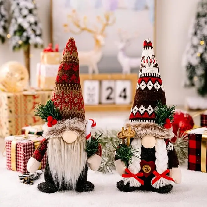 Christmas Gnomes Plush Dolls 2Pack 11'' Festive Rudolph Couple with Knitted Hats Holding Pine Branch & Candy Cane, Soft Scandinavian Tomte Santa Elf Decor for Winter, Xmas & New Year Home Party Gift