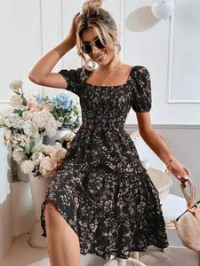 Ditsy Floral Print Puff Sleeve Ruffle Hem Dress