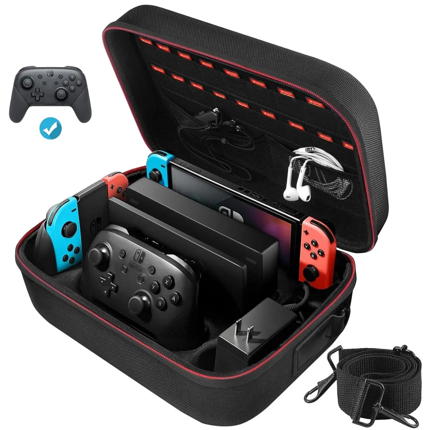 X-SBB01  Switch Case for Nintendo Switch and Switch OLED Model, Portable Full Protection Carrying Travel Bag with 18 Game Cards Storage for Switch Console Pro Controller Accessories Black