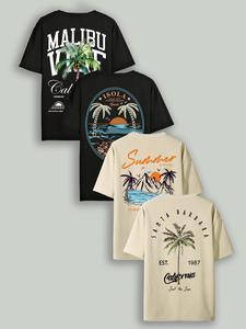 men's plants print round neck tee, tropical trendy coconut tree print short sleeve t-shirt for men, casual comfy knitting top for summer, mens clothing, summer clothes, men's graphic tees, vintage clothing