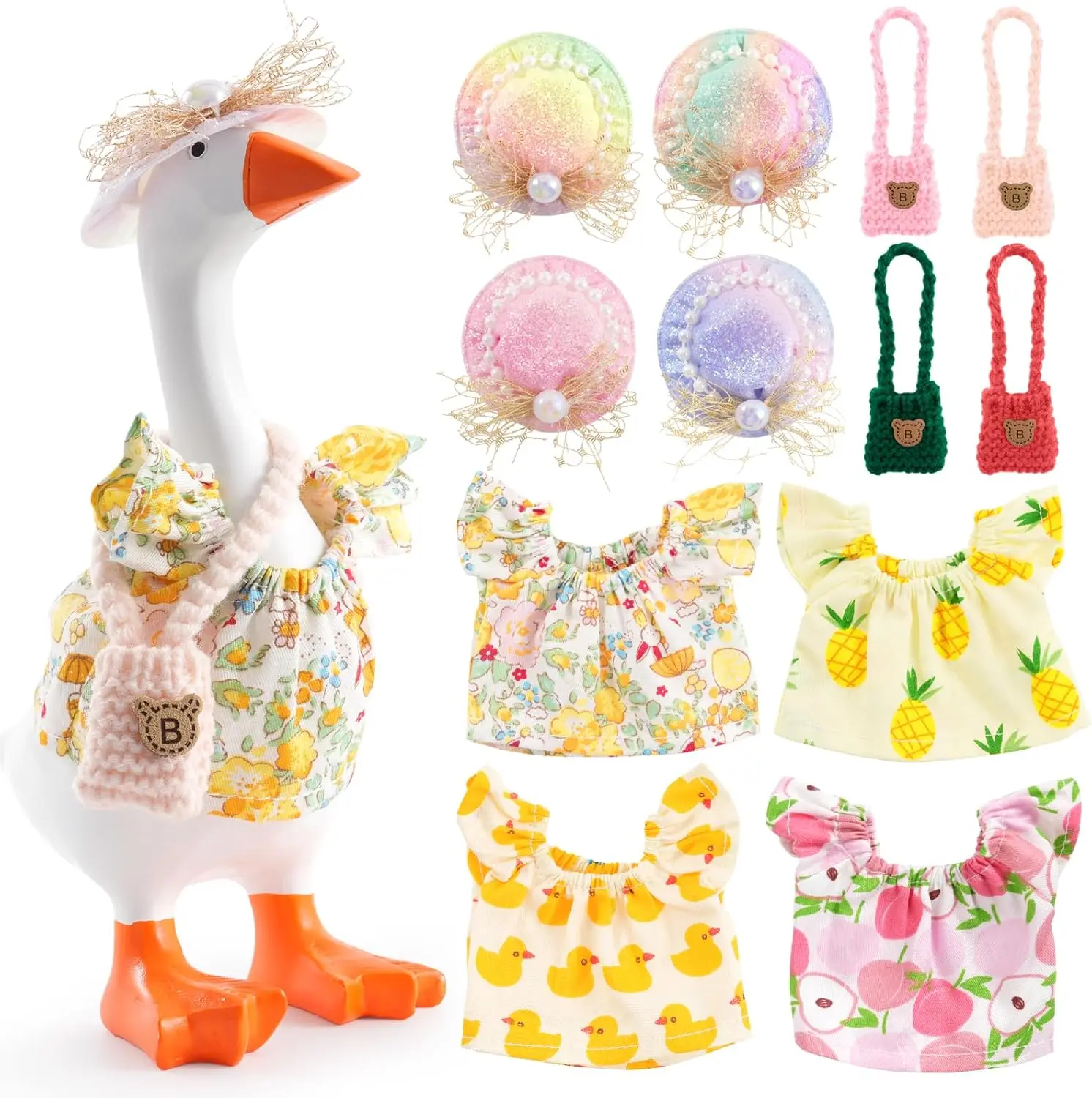 4 Set 7inch Desk Goose Outfits, Mini Desktop Goose Clothes Desk Goose Accessories Set for Magnetic Gooses Statue (Hat+Drees+Bag)(Pattern)