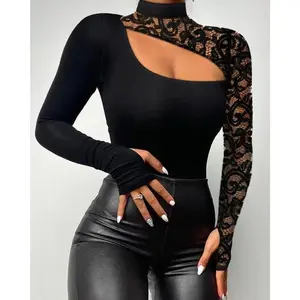 Women’s European/American casual bodysuit—solid color lace patchwork design with hollow-out details; long sleeves; tight fit; black fabric; basic minimalist style; made from printed polyester knit spandex; can be worn under a raincoat.