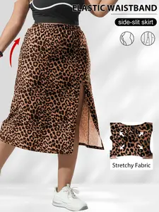 Plus Size Leopard Print Split Side Midi Skirt, Stretch Skirt, Elastic Waist Anti-Exposure Half Skirt, Sport Yoga Running Casual Wear