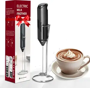 Kitchen Milk Frother Handheld with Stand for Coffee, Electric Foamer Maker for Lattes, Wand Drink Mixer Whisk, Mini Hand Blender for Cappuccino, Matcha, Frappe, Hot Chocolate, Black