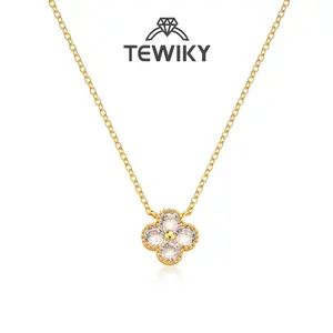 TEWIKY 14K Gold-Plated Gold-Colored Dangling Ear-Edge Zircon Four-Leaf Clover Necklace for Women Daily & Party Wear Gift Suitable for Various Occasions