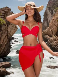 3 Piece Red Crisscross Push Up Bikini Set with Sarong, Wrap Tie Swimsuit for Women