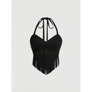 Summer Vintage Suede Halter Neck Top with Tassel Fringe Decoration