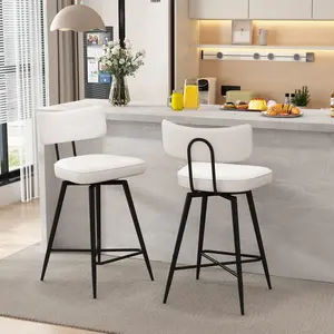 Swivel Counter Height Bar Stools Set of 2, 26 inch White Leather Kitchen Swivel Counter Stools with Backs, Metal Legs and Footrest, Bar Chairs for Kitchen Island