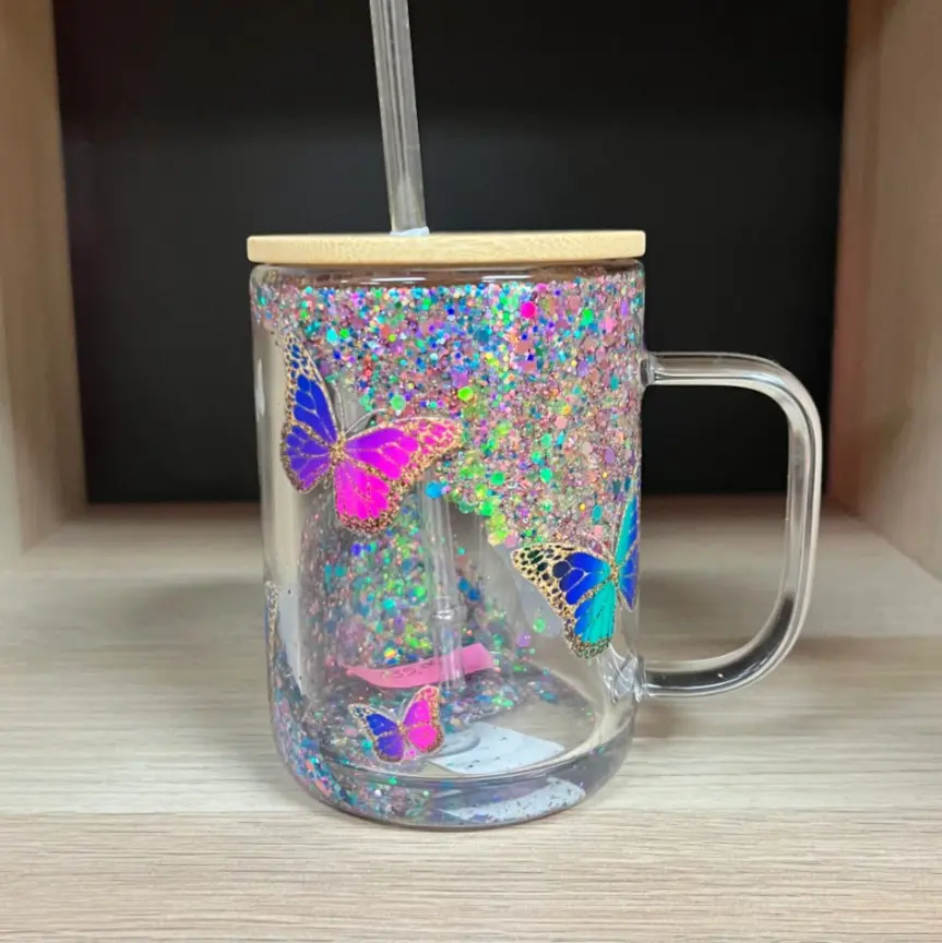 Multi Color Butterfly 15oz Snowglobe Glitter Glass Mug