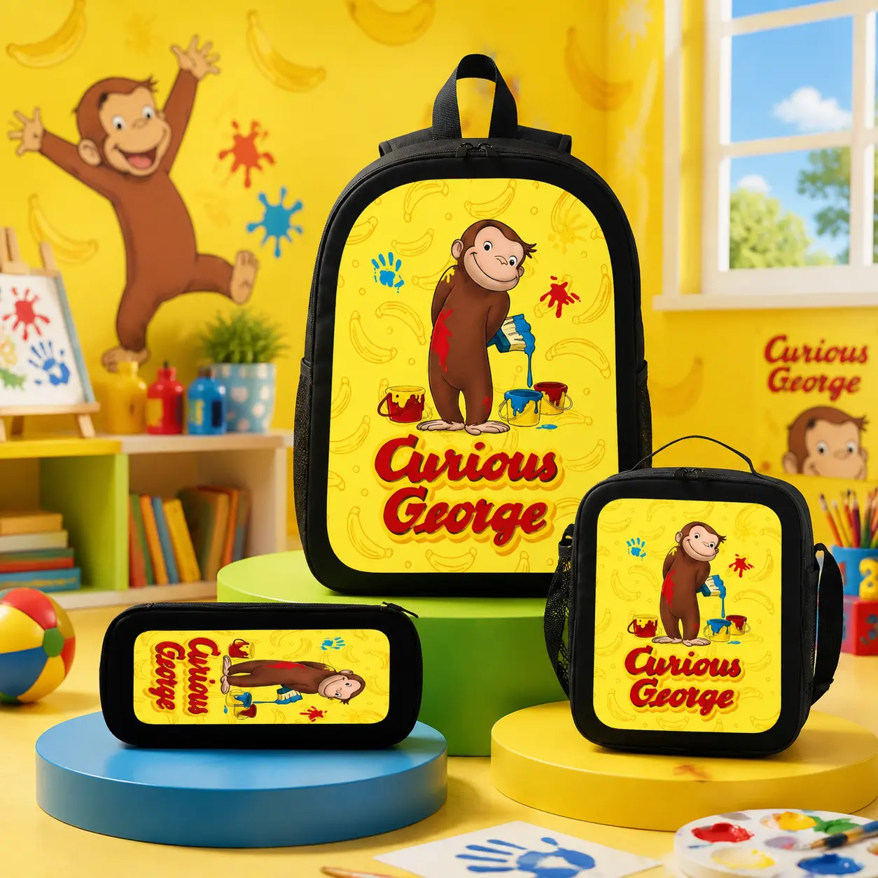 Curious George Monkey Print 3Pcs Backpack Set School Backpack Lunch Bag Pencil Case Adjustable Straps Large Capacity Student Bookbag for Teens Backpacks for School Women Men Boys Girls Travel Casual Backpack Set