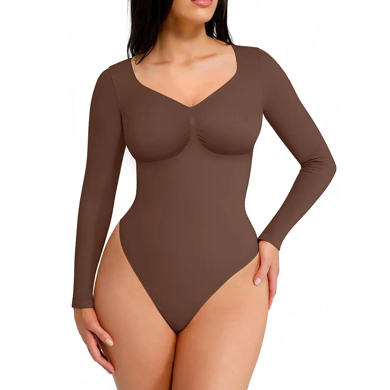 FeelinGirl Women's Seamless Sculpt Long Sleeve Thong Comfortable Bodysuit for Tops and Underwear Lady Comfort Basic dealsforyoudays