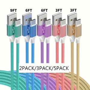 2-Pack/3-Pack/5-Pack USB-C Super Fast Charging Cable High-Speed Data Transfer Nylon Braided Charger Cord Set Data Sync Cable for Samsung, 20, HUAWEI, Xiaomi, Android Type-C Smartphones