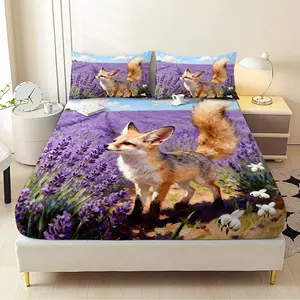 3pcs Lavender Fox Fitted Sheet Set All Seasons Decorative Mattress Cover Animal Mattress Protector Boho Bedding Set Bedroom Decor for Home Guest Room Decor 1 Fitted Sheet+2 Pillowcases Without Core