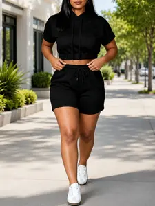 Summer Sporty Casual Set, Hooded Short Sleeve Top + Shorts, Plain Color Pocket Design, Ideal for Daily Commute, Leisure Travel, Street Fashion, Streetwear Tracksuit Set, Workout Sets Women, Sports Outfits, Sports Clothing Set