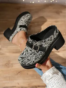 Women's Plus Size Round-Toe Black and White Jacquard High-Heeled Thick-Soled Buckle Shoes, Vintage Chunky Heel Mules, Slip-On Comfortable Closed-Toe Chunky High Heels