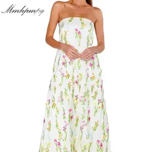 Women Floral Tube Top Dress Off Shoulder Sleeveless Open Back A-line Long Dress with Pockets and Scarf Summer White Casual Flower