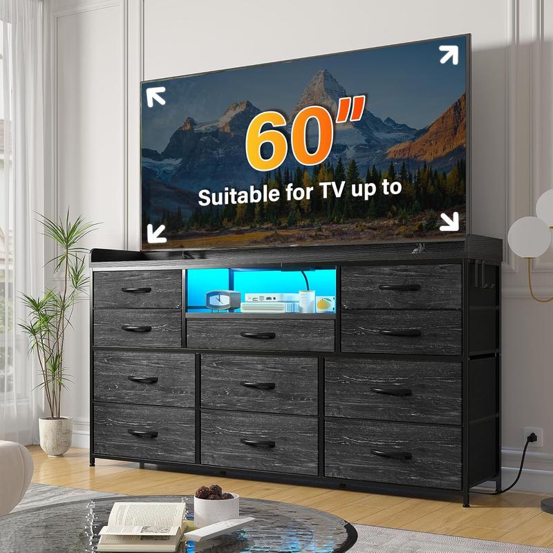 【Holiday Haul】Raybee 11 Drawer Smart LED Dresser, with Charging Station, Power Outlets, LED Lights & Shelves, Modern Storage Cabinet for Bedroom/Hallway, TV Stand for 32-55 inch TVs, Easy 10-min Assembly, Includes 4 Hooks