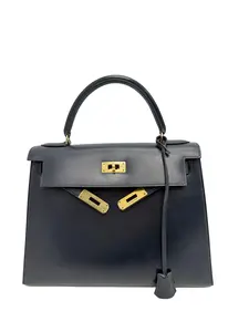 Pre-owned Leather Hand Bag Hermes Vintage Kelly Sellier 28 Gold Finish Blue Nuit Box Top Handle Bag