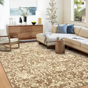 GARVEE Washable Area Rugs 9 x 12 Rug for Living Room Damask Floral Rug Non Slip Throw Rugs Distressed Large Bedroom Rugs Low Pile Stain Resistant Carpet for Dining Room Nursery 9'x12' Khaki