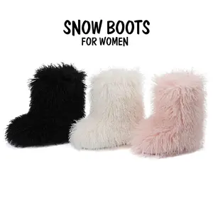 Womens Curly Faux Fur Snow Mid Calf Boots Round Toe Flat Heel Fuzzy Fluffy Fashion Warm Comfortable Outdoor Party Dress Trendy Boots Deals For You Days