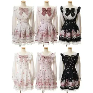 Japanese Kawaii Short Party Dress Women Chic Print Bow Thin Long Sleeve Dresses Female Design Elegant Vintage Lovely Y2k Retro