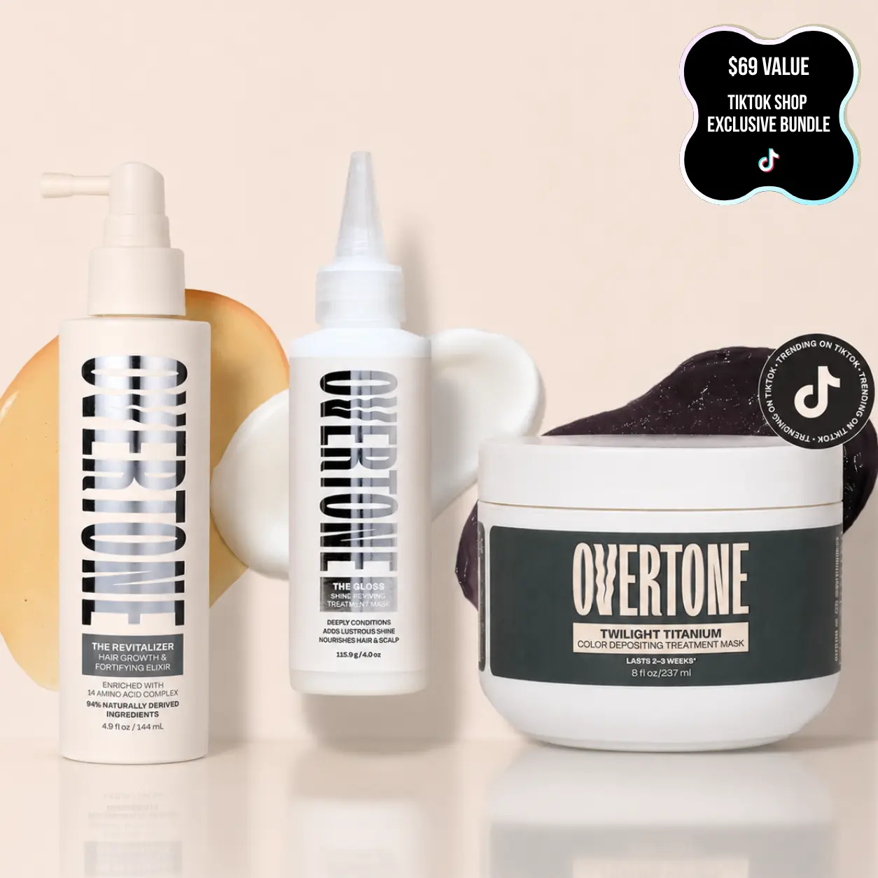 oVertone 3-Step Haircare Bundle for Growth & Shine with Argan & Peppermint Oil, Lightweight Scalp Elixir & Color Mask for Blonde, Silver & Gray Hair, Plant, Hydrating, Daily, Glossy, Frizz, Nourishing, Rosemary, Argan Oil, Shiny Hair, Hair Growth Products