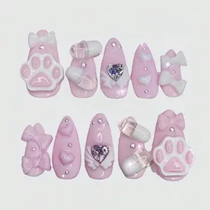 Kawaii Sweet Cute Bow Romantic Heart Soft Adorable Cat Paw Fashion Simple Women Handmade Press On Wearable Nail Art