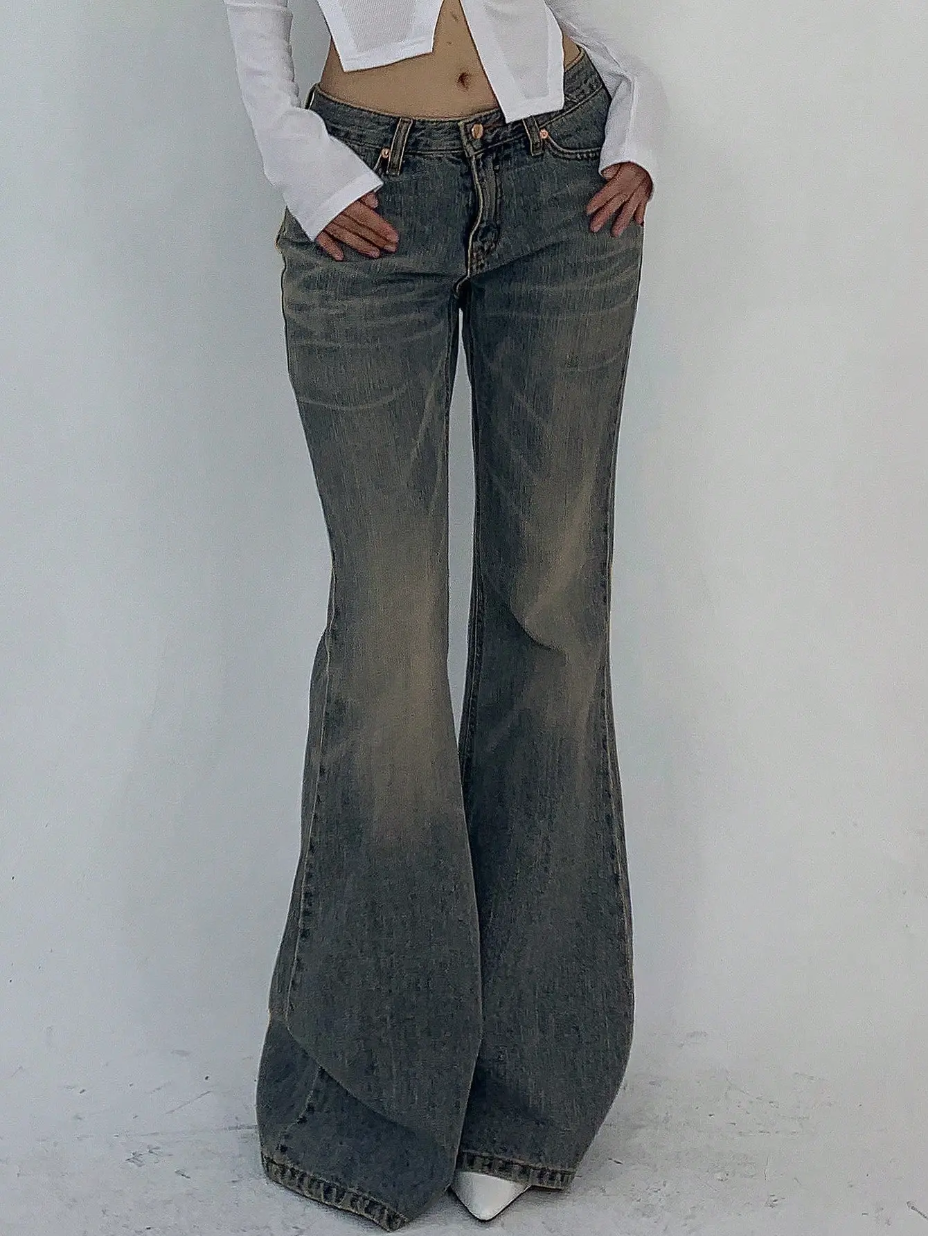 Women's High-Waisted Crossover Stretch Denim Flare Jeans, Pull-On Tummy Control Butt Lift Bottoms with Button Closure