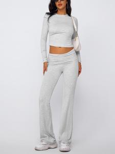 two-piece set women's pants set, casual longsleeves crop tee & fold over waist flare leg pants set, outfit sets for women, ladies summer two-piece outfits clothing for daily outdoor wear, matching sets for women, elegant two piece sets, soft womenswear