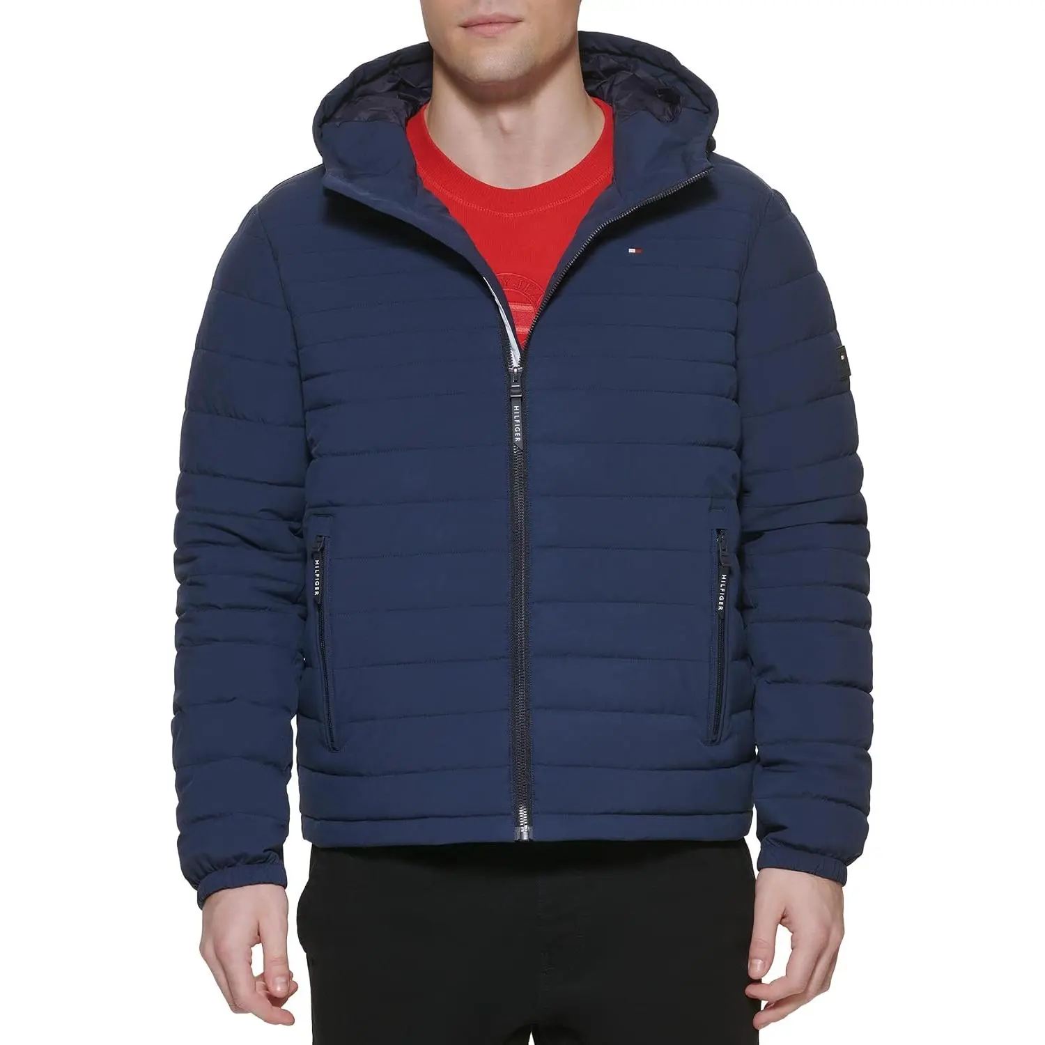 Men's Stretch Poly Fabric Hooded Packable Bomber Jacket with Pocket, Menswear Coats for Casual Wear