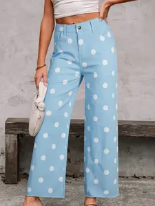 Polka Dot Print Raw Hem Shift Jeans for Women | 98% Premium Cotton High Waisted Denim Pants | Comfy Casual Summer Aesthetic 2026