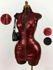 Ladies' backless tight short PU leather dress, Glossy, deep V-neck, one-way zipper design, sexy sleeveless, suitable for dates/parties/nightclubs/Valentine's Day/birthday/concert costumes/spring
