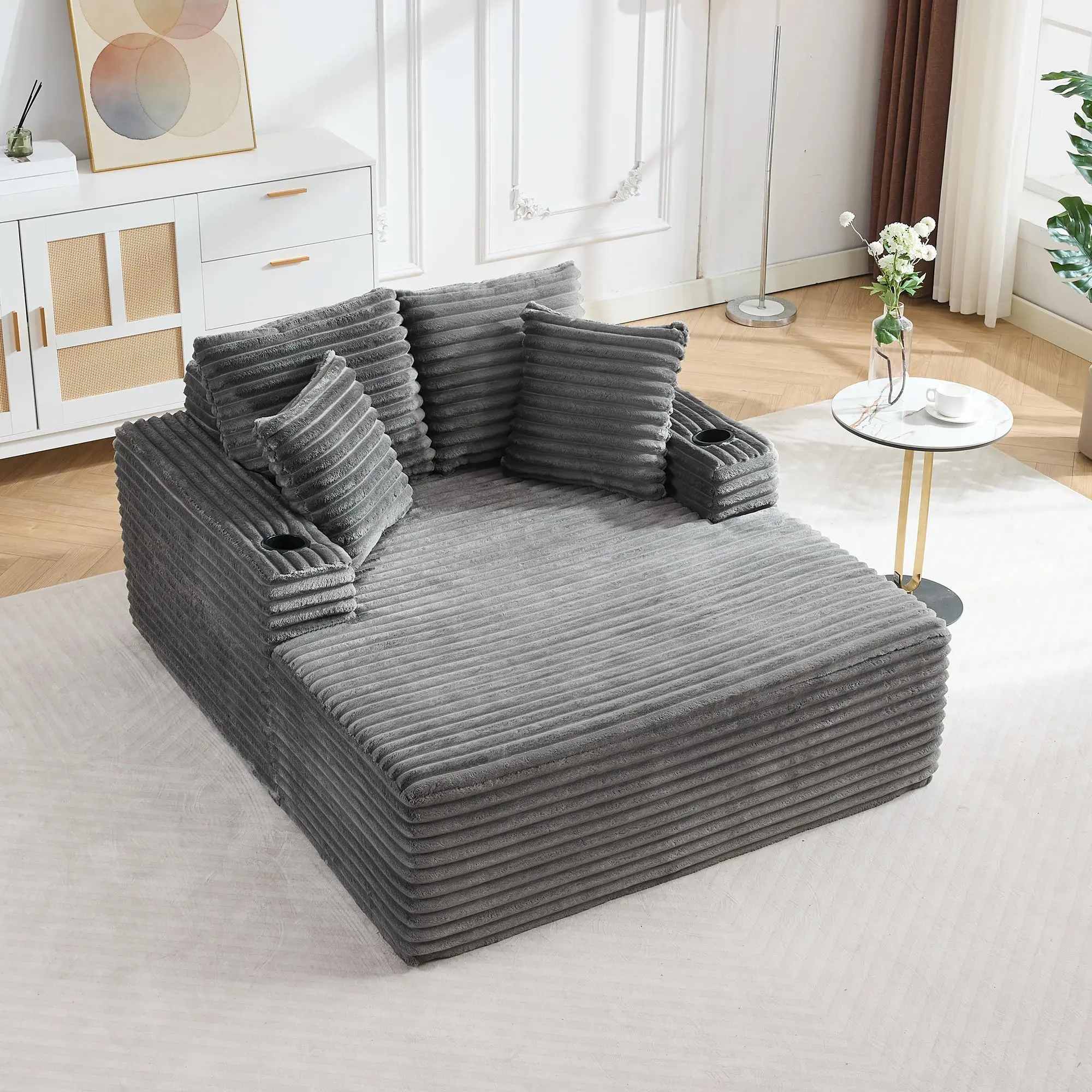 Garvee 64" Oversized Corduroy Upholstered Chaise Lounge Chair with Deep Seat, Boneless Sofa Bed, Throw Pillows, Cup Holders, and Armrests. Comfortable Sleeper Couch for Living Room, Bedroom, or Office in Gray or Beige