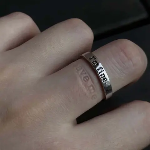 Minimalist Open Adjustable Ring - Metal-Coated, Hidden "I'm Fine" Text Message Engrave, Unisex Fit, Darcy Personalized Artificial Gemstone Jewelry for Adult Males, Daily Wear Accessory