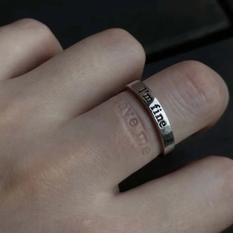 Minimalist Open Adjustable Ring - Metal-Coated, Hidden "I'm Fine" Text Message Engrave, Unisex Fit, Darcy Personalized Artificial Gemstone Jewelry for Adult Males, Daily Wear Accessory