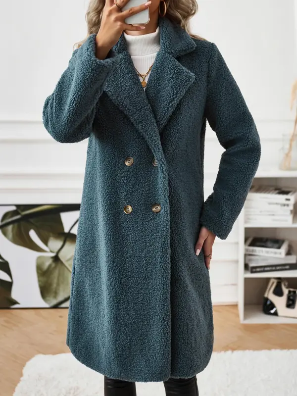 Women's Solid Button Front Lapel Neck Fuzzy Coat, Casual Warm Long Sleeve Coat for Fall & Winter, Women's Clothing for Daily Wear 8