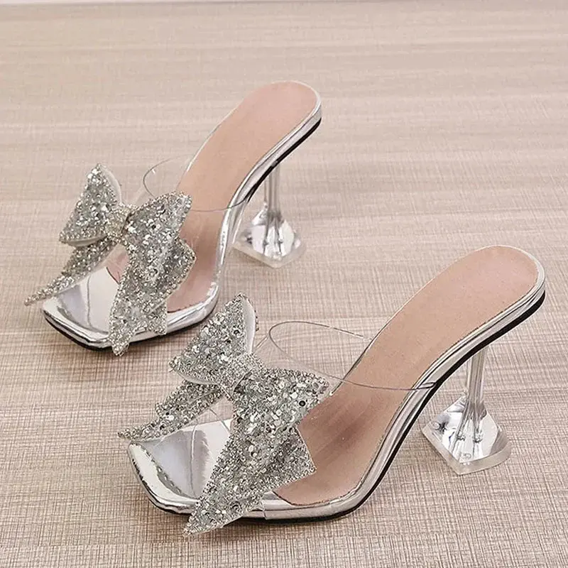 New Transparent Slippers for Women – Silver Crystal Bow High-Heel Mules