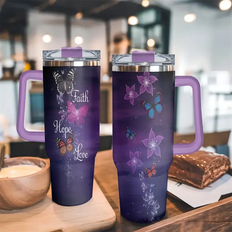 1 Count 40 oz Butterfly Pattern Tumbler, 1 Count 40oz Stainless Steel Water Bottle, Insulated and Durable, Gift for Any Occasion, Drinkware