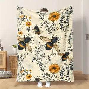 Bee Element , Retro Hand-Drawn Design, Bees, Yellow Wildflowers, Insects, Animals, Plants, Dandelions, Cozy And Warm Printed Blanket, Perfect Holiday Presents for Classmates, Friends, Family, And Partners for Napping, Camping, Traveling, Cars