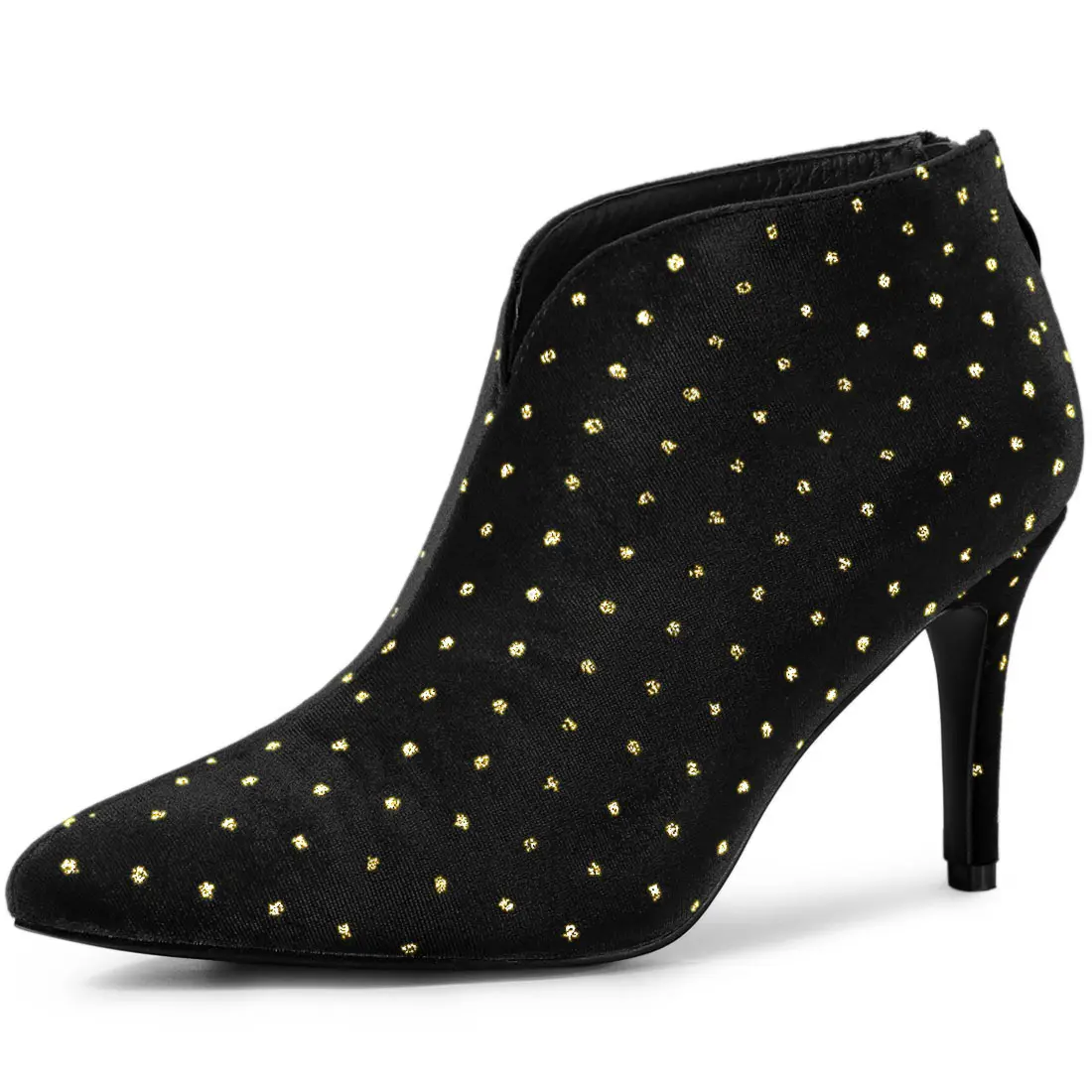BLISSFUL STEP Women's V Shaped Cutout Dots Print Boots, Pointed Toe Stiletto Heel Ankle Boots