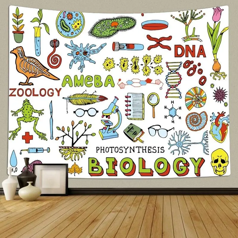 1pc Multi-Size Peach Polyester-Linen Horizontal Biology Wall Tapestry - 2D Print Wall Art Room Art, Fade-Wrinkle Resistant Photo Mat Cloth, Bold "BIOLOGY" Lettering, Vibrant Educational Illustrations, With Hooks, Ideal for Classroom Dorm Decor