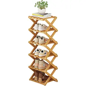 6 Layers Folding Shoe Rack, 34.6 Inch x 10.2 Inch x 10.2 Inch Wooden 6 Pairs Shoes Capacity Shoe Shelf Storage Organizer (Wooden)