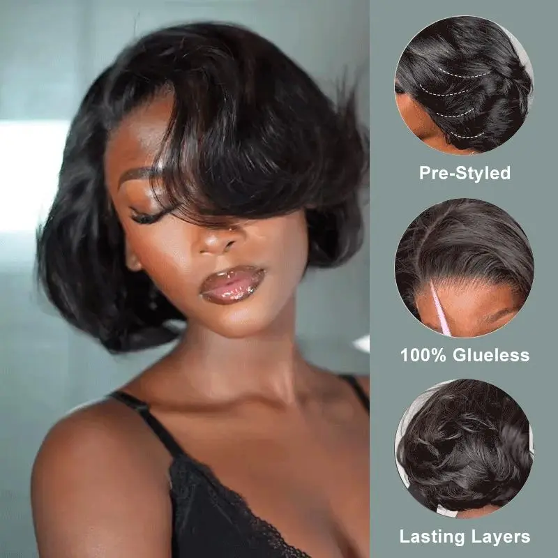 [Fall Must-Have] BGMgirl Blowout Short Bob Straight 7x5 Lace Wear Go Pre-Styled C-Part Wig Pre-Bleached Tiny Knots Natural Black Glueless 100% Human Hair Wig Brown Highlight fall color wigs human hair #sohochic #black friday